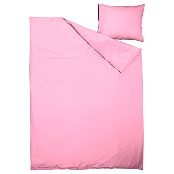 Felroze dekbed en kussenset, modern design, gladde stof.