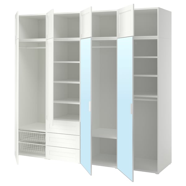 PLATSA Kledingkast 8 deuren+3 lades, wit STRAUMEN spiegelglas/SANNIDAL wit, 240x57x221 cm