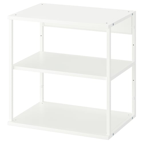 Een witte PLATSA stellingkast met twee open legplanken. Het is gemaakt van staal en spaanplaat, bekend om zijn modulaire ontwerp.