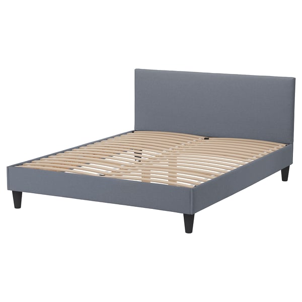SÄBÖVIK grijs bed, rechthoekig, gestoffeerd hoofdeinde, houten lattenbodem.