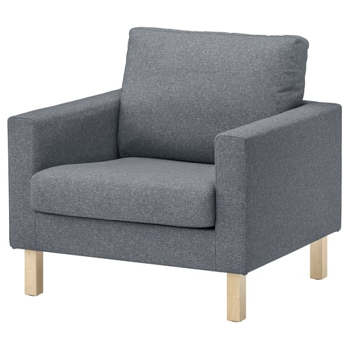 Grijs beklede fauteuil, gerecycled polyester, vierkante vorm.