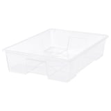 Een doorzichtige plastic opslagcontainer met de naam SAMLA. Het heeft een transparant ontwerp, een rechthoekige vorm en een middelgrote capaciteit voor het opbergen van verschillende items.