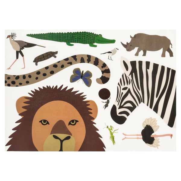Levendige safari scène stickers: leeuw, zebra, neushoorn, krokodil op hoogwaardig papier.