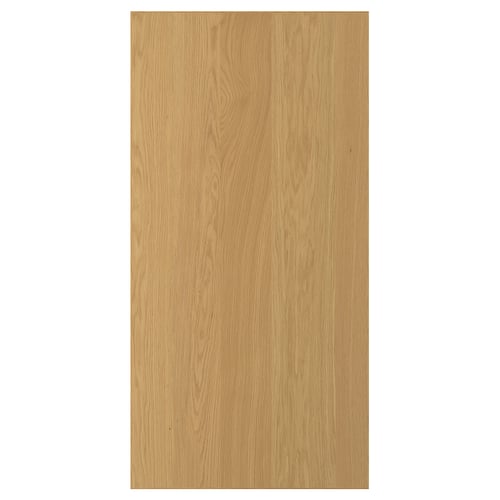 Een SINARP houten deur in lichtbruin. Gemaakt van eikenfineer met een massief eiken rand. Rechthoekig, met een eenvoudig, elegant ontwerp.