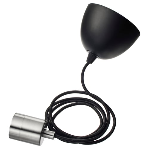 SKAFTET moderne zwarte plafondlamp, staal en kunststof, kegelvorm, snoerontwerp.