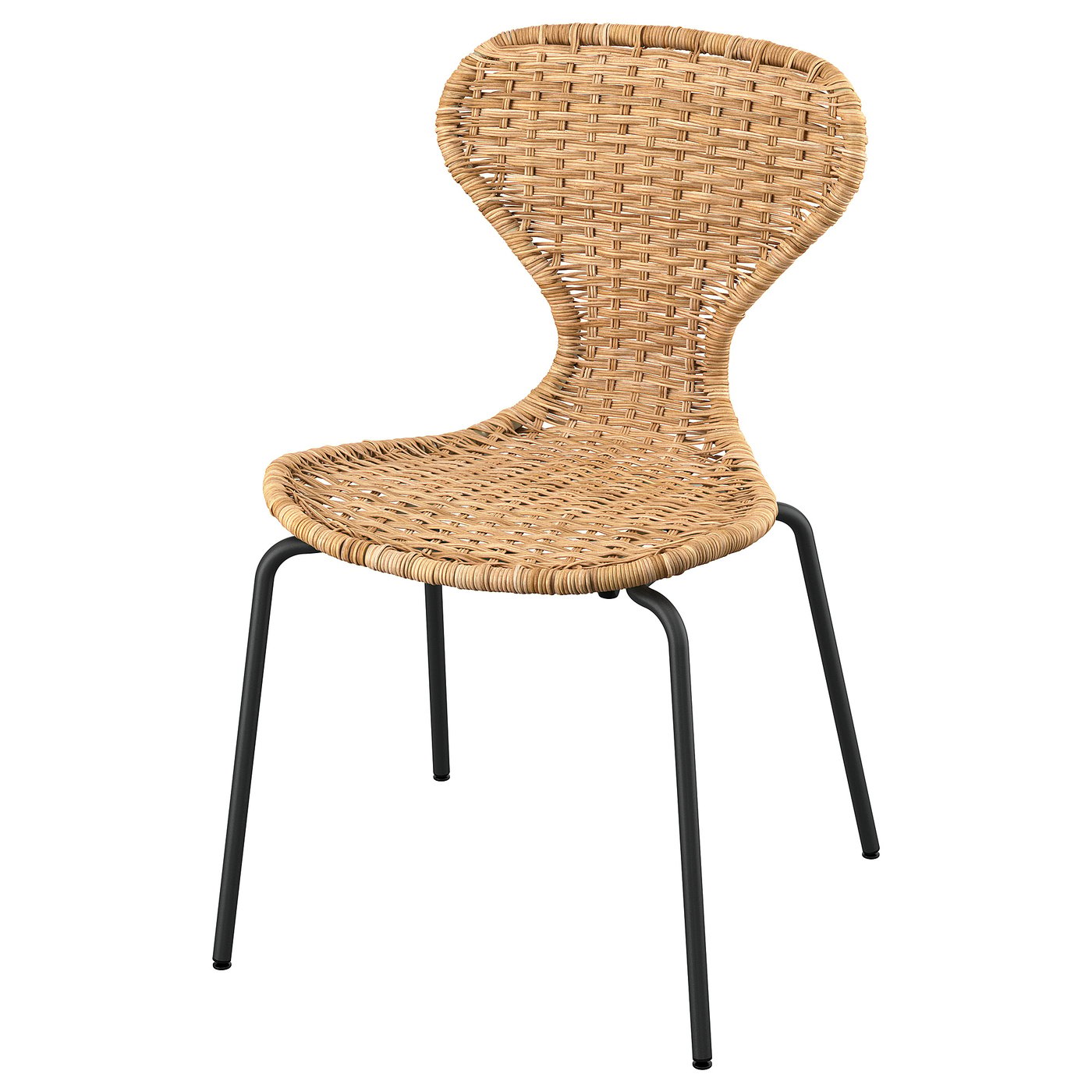 SKÅLSTA stoel, beige, rieten zitting en rugleuning, zwarte metalen poten, gebogen ontwerp, binnen/buiten.