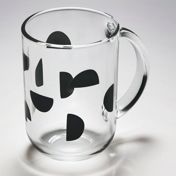 Helder glazen mok met zwarte abstracte patronen, dik handvat, hoge kwaliteit, gehard voor duurzaamheid.