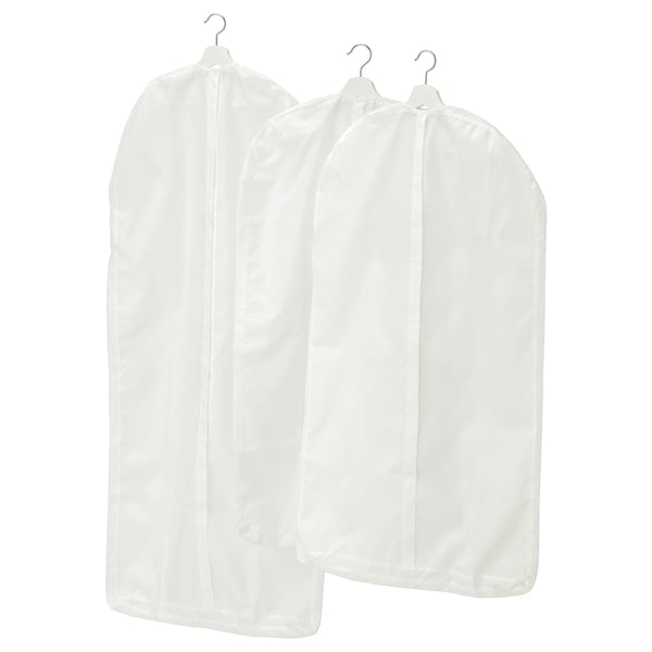 Drie witte kledingzakken met ophanghaken, doorzichtige ritsen en verschillende lengtes voor reizen of opslag.