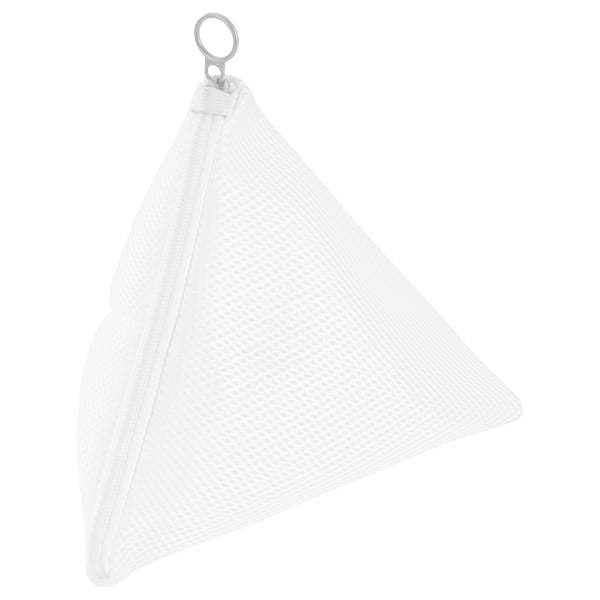 Een witte SLIBB mesh waszak. Het is driehoekig, met een rits aan de bovenkant en een ophanglus. Gemaakt van 100% gerecycled polyester.