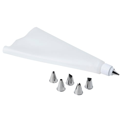 SMAKSAM siliconen spuitzak met 6 metalen punten, wit, flexibel, kegelvormig, decoratiegereedschapsset.