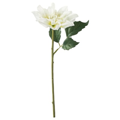 Witte kunstdahlia bloem met groene bladeren op een lange steel, gemaakt van gerecycled plastic.