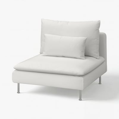 Moderne witte leren stoel met chromen poten, rechthoekige zit- en rugkussens, strak en strak ontwerp.