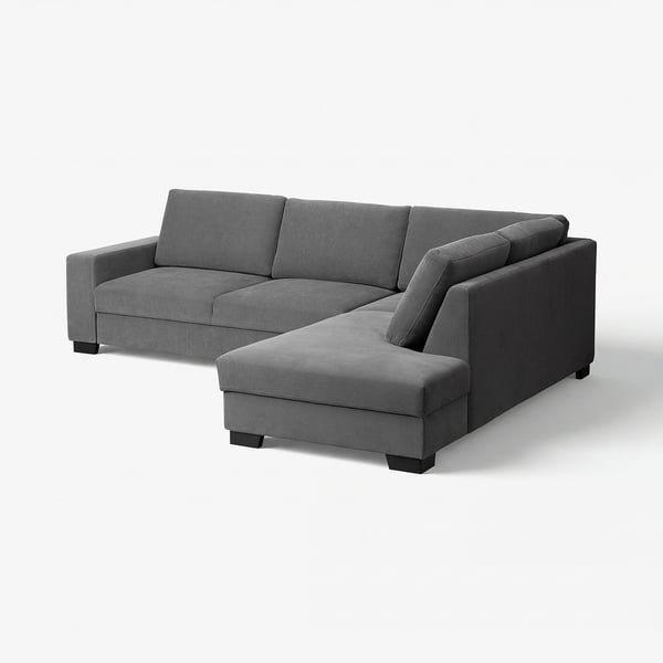 Een moderne grijze SÖRVALLEN hoekbank met een minimalistisch ontwerp, met een chaise longue en straise lijnen.