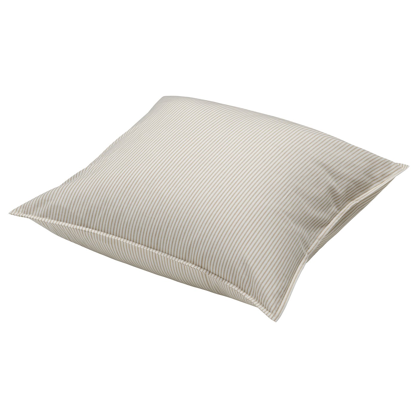 SOLFIBBLA, een beige en wit gestreept katoenen kussen. De vierkante vorm met een eenvoudig, gestreept ontwerp.