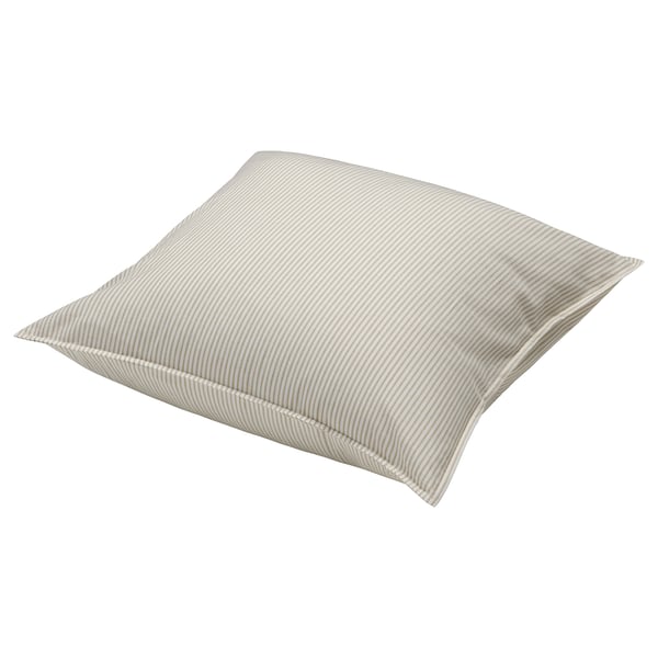 SOLFIBBLA, een beige en wit gestreept katoenen kussen. De vierkante vorm met een eenvoudig, gestreept ontwerp.