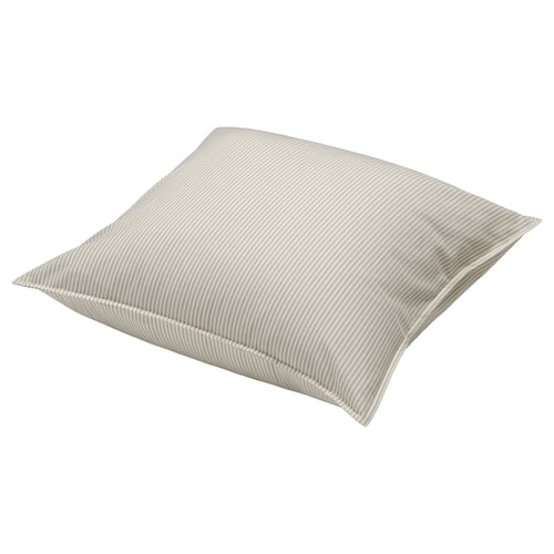 SOLFIBBLA, een beige en wit gestreept katoenen kussen. De vierkante vorm met een eenvoudig, gestreept ontwerp.