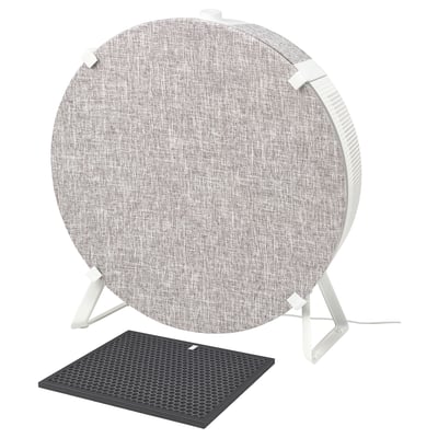 IKEA STARKVIND luchtreiniger, grijs, rond, met stof bekleed, met uitneembare filterlade, staat op drie poten.
