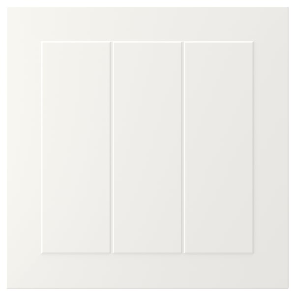 Een witte STENSUND kastdeur met een omlijst ontwerp en gegroefde panelen. Hij is vierkant van vorm met een gladde, gelakte afwerking.