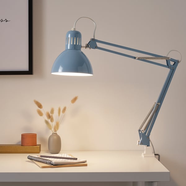 Blauwe bureaulamp verlicht notitieboekjes en droge bloemen.