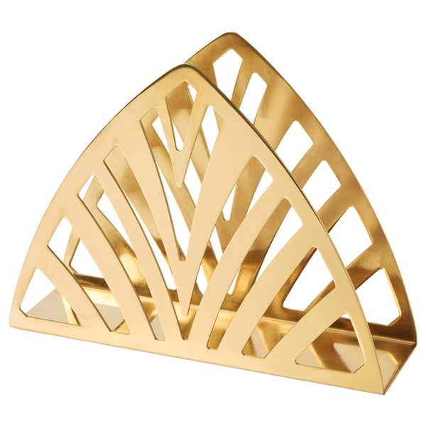 Een goudkleurige TILLSTÄLLNING servethouder, gemaakt van roestvrij staal, met een waaiervormig ontwerp en geometrische uitsparingen.