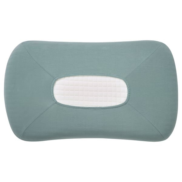 Een teal TÖCKENFLY ergonomische kussensloop. Het is zacht, duurzaam en heeft een rekbare pasvorm met een verwijderbaar ontwerp.