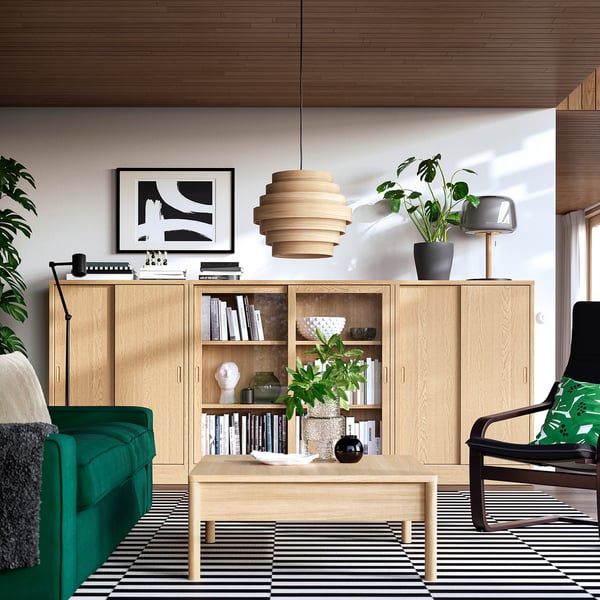 Moderne woonkamer met groene bank, houten kast, zwart vloerkleed, plant en unieke lamp.