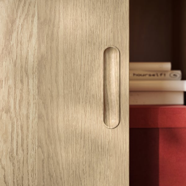 Houten kastdeur met ovale handgreep, gladde afwerking, boeken rechts.