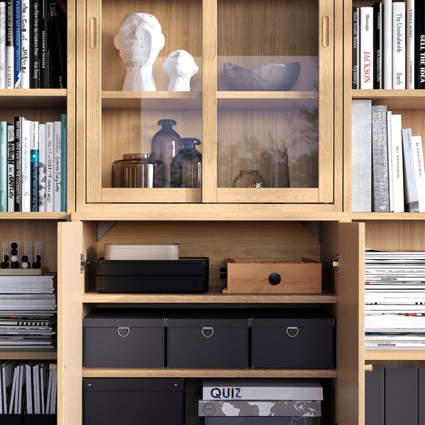 Houten boekenkast met glazen deuren, met decoratieve voorwerpen en boeken. Open en gesloten opbergruimte, verstelbare planken en geïntegreerde handgrepen.