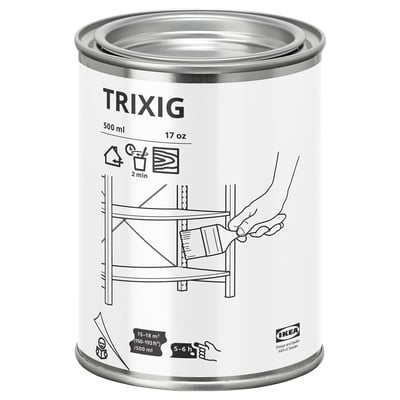 Een rond wit blikje met TRIXIG erop, met een zwart-witte illustratie van houtbehandeling.