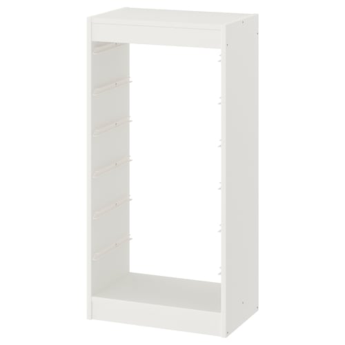 Een wit TROFAST opbergframe, rechthoekig, met meerdere verstelbare legplanken.