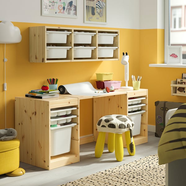 TROFAST Bureau met opbergers/bladen, licht wit gebeitst grenen/wit, 124x44x52 cm