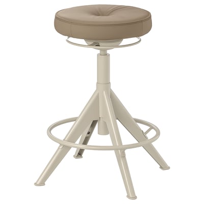 Een beige TROLLBERGET verstelbare kruk met een ronde zitting met kussens, een metalen stervormig onderstel en een mechanisme voor actief zitten.