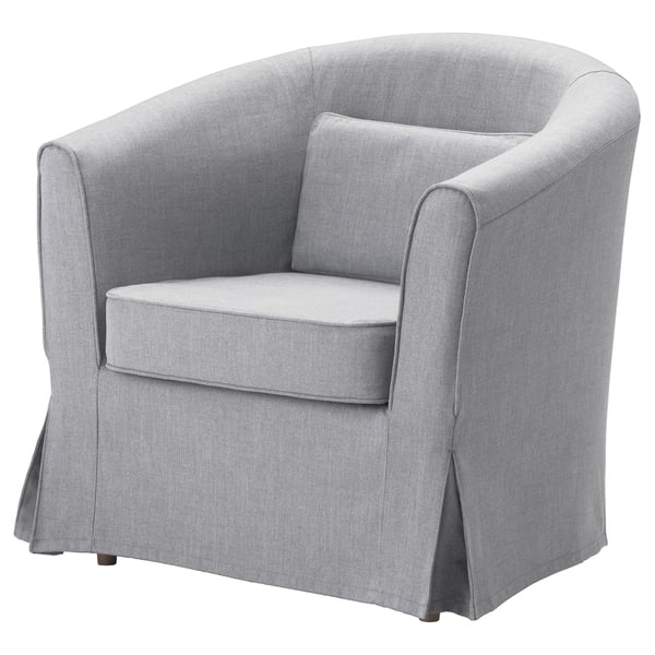 Een TULLSTA fauteuil, lichtgrijs, ronde vorm, gestoffeerde stof, met een gedempte zitting en rugleuning, passend in kleine ruimtes.