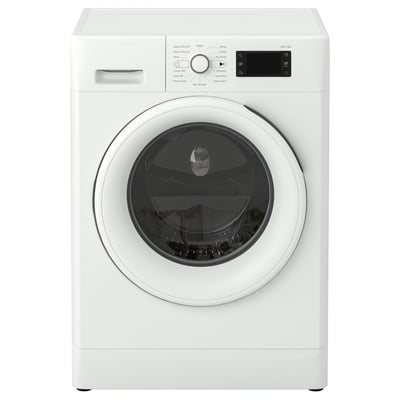 Combinatie van wasmachine en droger aan de voorzijde. Wit, strak design met bedieningspaneel en grote glazen deur.