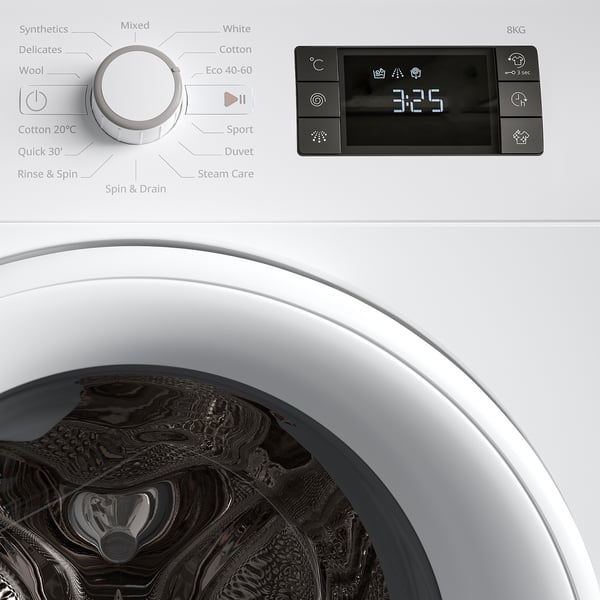 Wasmachine met voorlader met bedieningspaneel en digitaal display, waarop programma's en instellingen worden weergegeven.