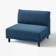 Een UPPÅKRA blauw modulair hoekstuk van de bank met donkerhouten poten en een verticale gestreepte patroon.