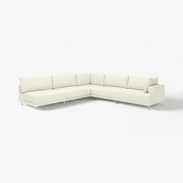 Moderne crèmekleurige L-vormige hoekbank, strak ontwerp, stevige benen, comfortabele kussens.