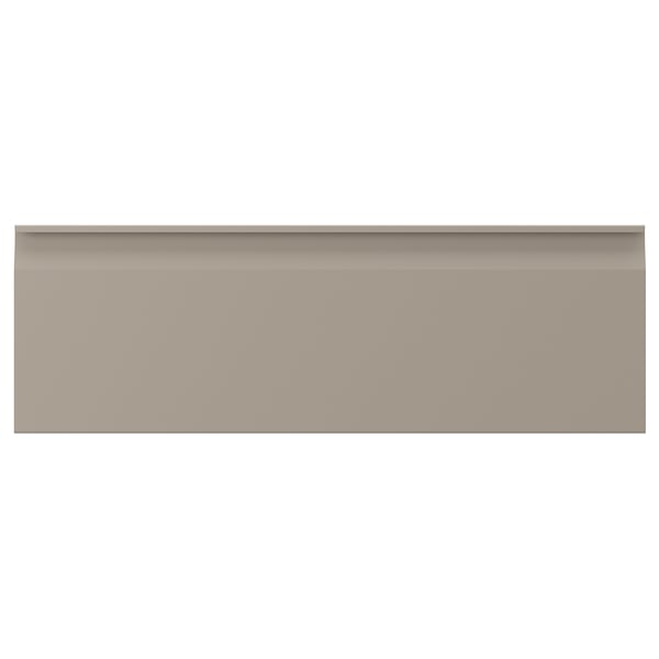 UPPLÖV beige keukenkasten met strakke handgrepen en afgeschuinde randen.