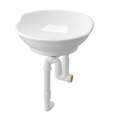 Ronde, witte keramische wastafel met traditioneel design, verhoogde rug en ondersteunend sanitair.