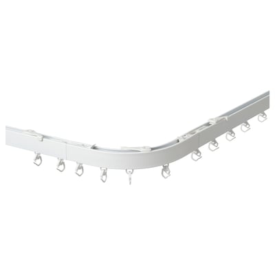 Wit VIDGA gordijnrailsysteem, gebogen, gemaakt van aluminium, gepoedercoat, met meerdere haken, minimalistisch modern design.