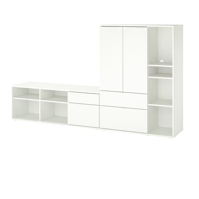 Moderne witte tv-opslageenheid met planken, laden en kasten voor functionele organisatie.