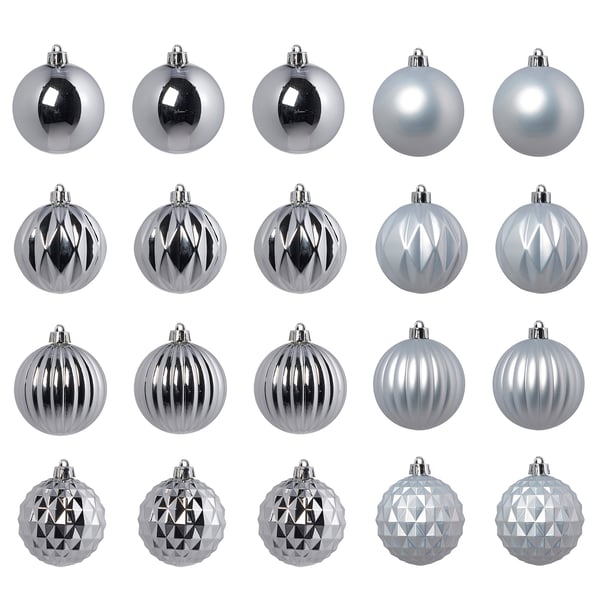 VINTERFINT zilveren ornamenten set: verschillende vormen, metallic, glanzende afwerkingen.
