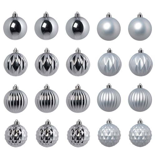 VINTERFINT zilveren ornamenten set: verschillende vormen, metallic, glanzende afwerkingen.