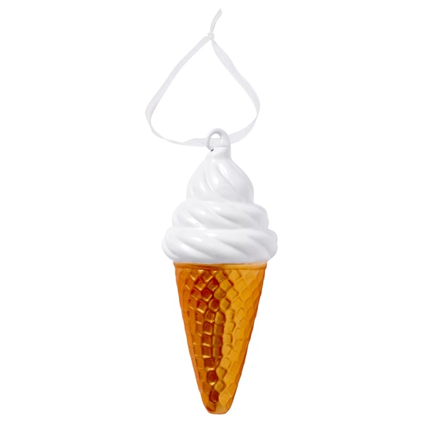 Ijshoorntjesornament, felgeel met witte krullen, hangend lint, glas met verf.