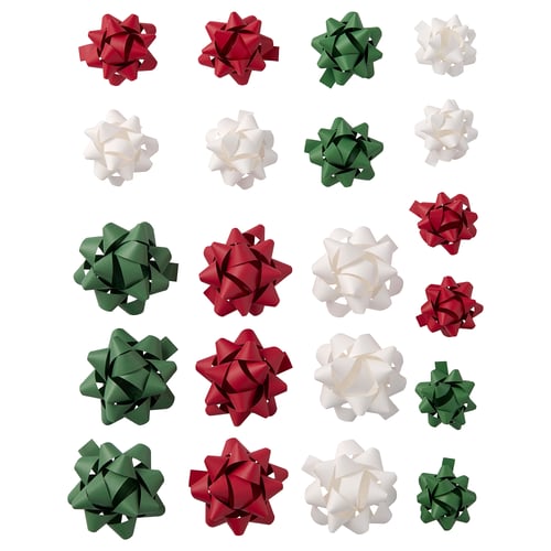 Kleurrijke papieren cadeaustrikjes in rood, groen en wit, gerangschikt in een raster van 5x5, rond met ingewikkelde vouwen.