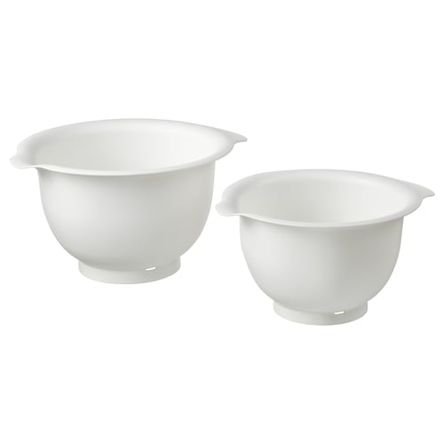 Twee witte VISPAD mengkommen, een grote en een kleine, ontworpen met antislipbodem en tuit voor gemakkelijk schenken.