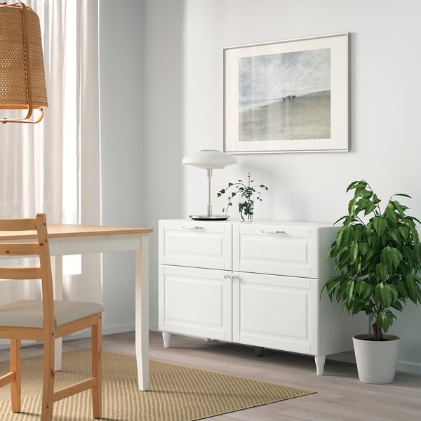 BESTÅ تشكيلة تخزين مع أبواب/ أدراج, أبيض/Smeviken/Kabbarp أبيض, 120x42x74 سم