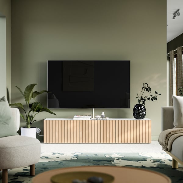 BESTÅ طاولة تلفزيون مع أبواب, أبيض Björköviken/قشرة سنديان, 180x42x38 سم