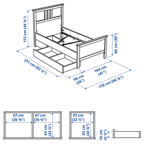 HEMNES هيكل سرير+2 صناديق تخزين, أبيض/Lönset, 90x200 سم