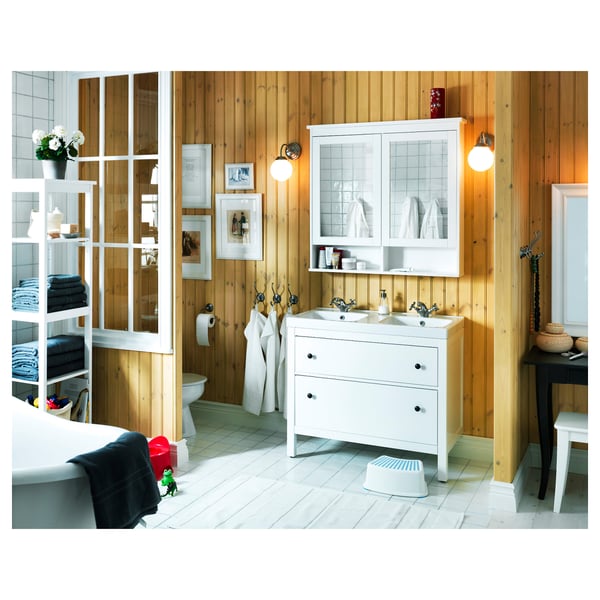 HEMNES خزانة بمرآة مع بابين, أبيض, 103x16x98 سم